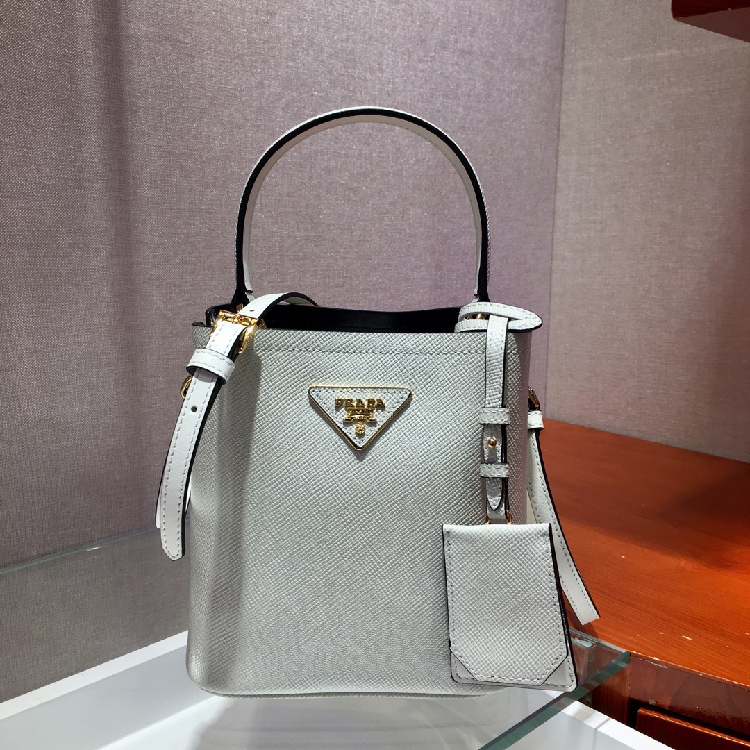 Prada Small Saffiano Leather Panier Bag White/Black 1BA217